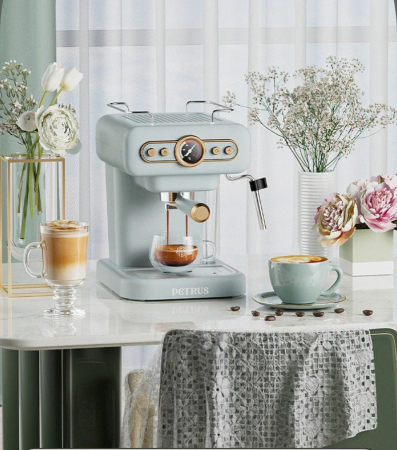 220V Petrus Retro Espresso Coffee Machine Semi Automatic Compact for Home Use with Steam Milk Frother EA