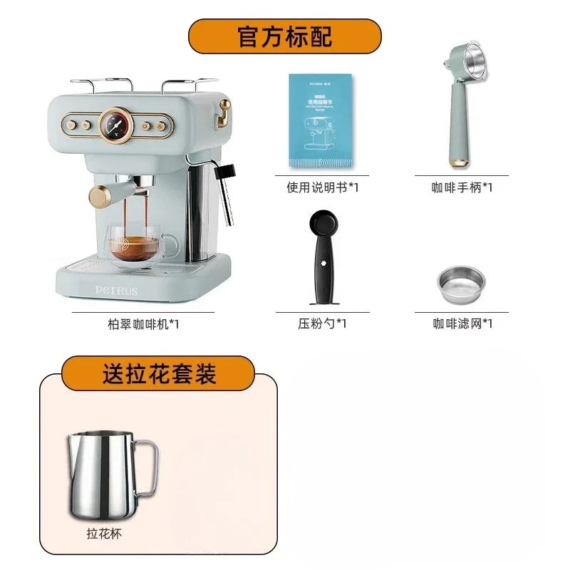 220V Petrus Retro Espresso Coffee Machine Semi Automatic Compact for Home Use with Steam Milk Frother EA