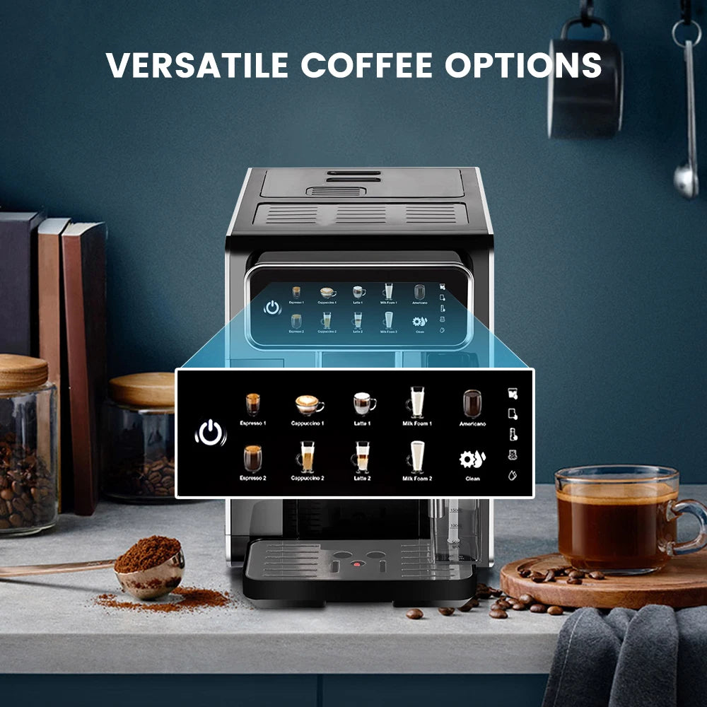 Mcilpoog AM7203 Automatic Espresso Machine ，Built-In Milk Frother & Tank, 7 Coffee Varieties, Touchscreen
