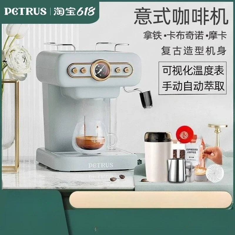 220V Petrus Retro Espresso Coffee Machine Semi Automatic Compact for Home Use with Steam Milk Frother EA