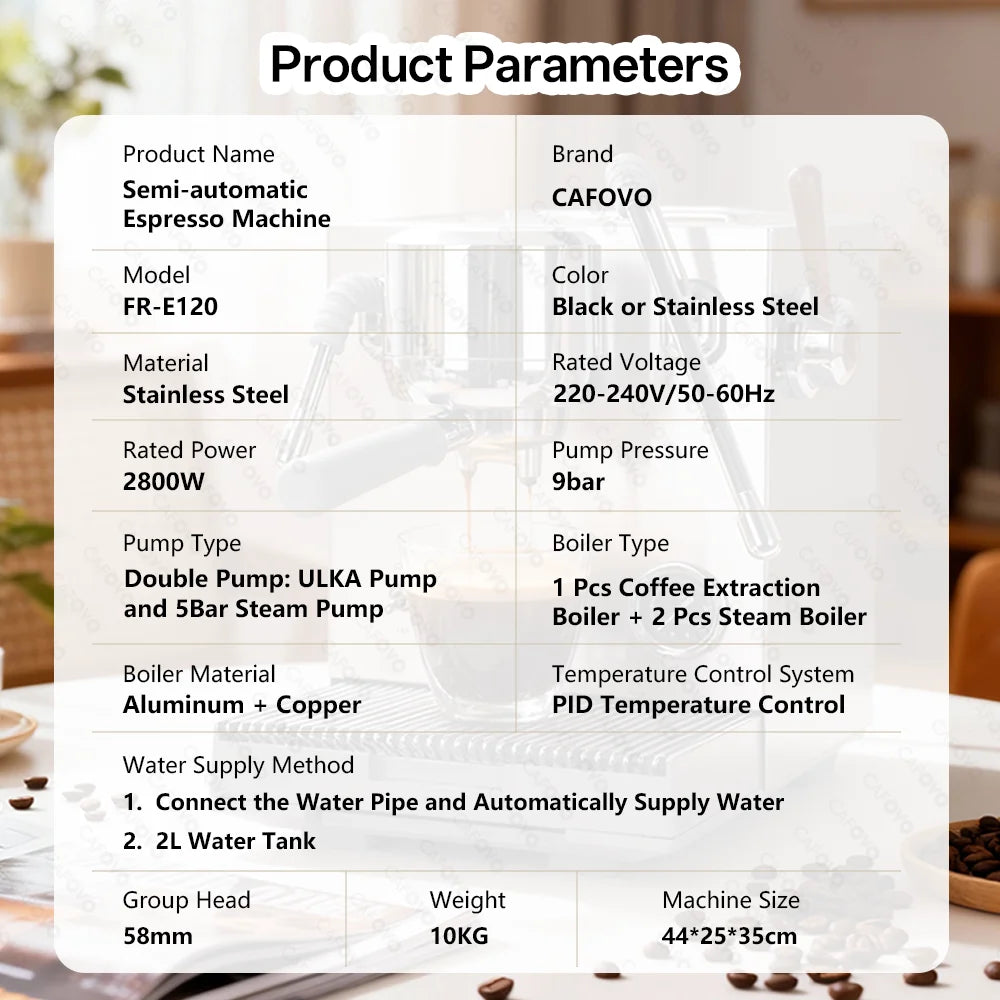 CAFOVO E120 Semi-automatic Espresso Machine ULKA Pump 9Bar OPV System Dual Boiler with OLED Display for Cafe Coffee Maker 220V