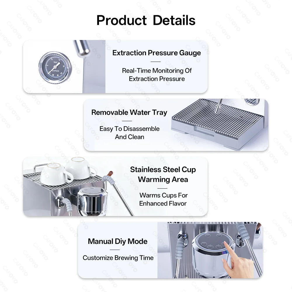 CAFOVO E120 Semi-automatic Espresso Machine ULKA Pump 9Bar OPV System Dual Boiler with OLED Display for Cafe Coffee Maker 220V