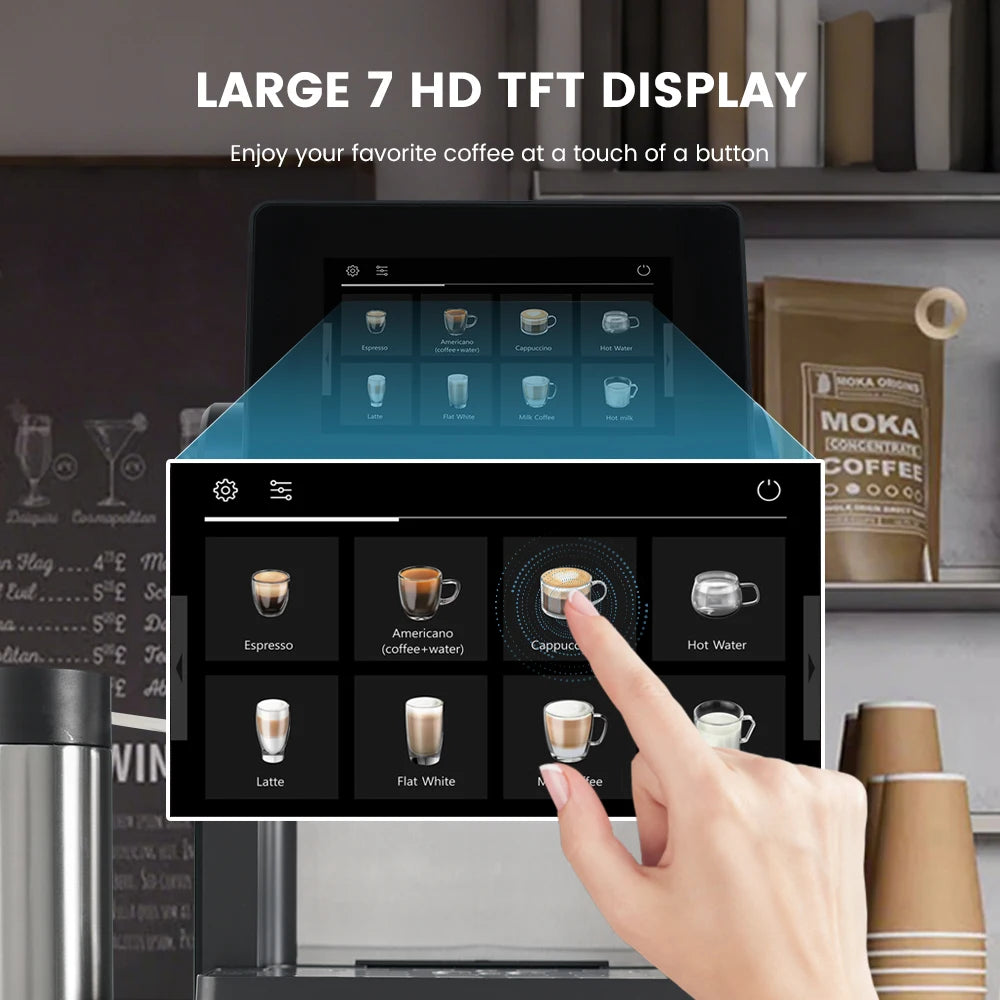 Mcilpoog WS817-Plus 7"colorful large screen Automatic Espresso Machine with Milk Frother,  21 Flavors for Home & Office