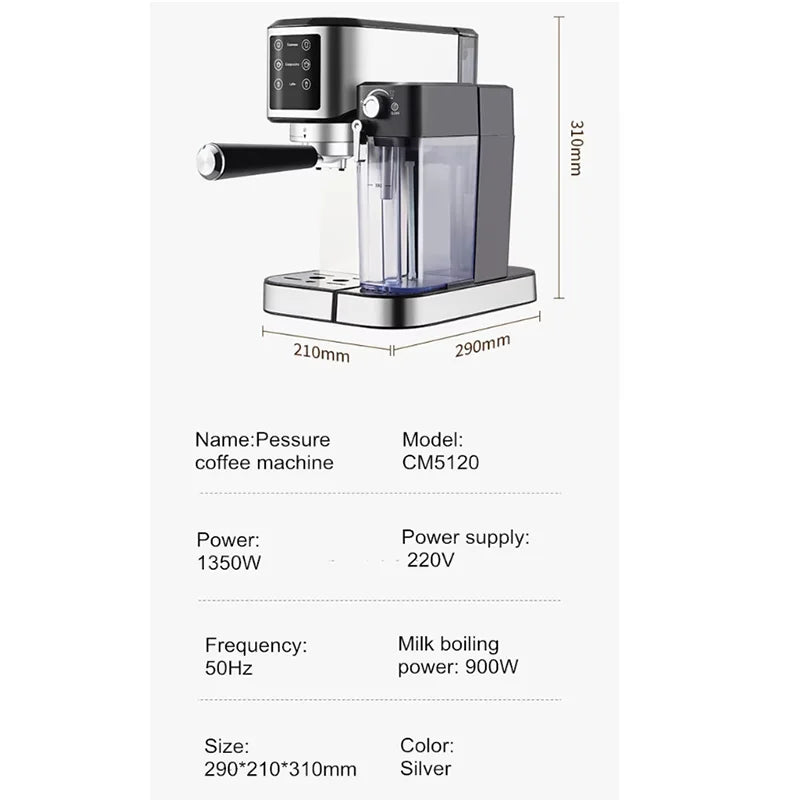1350W 20Bar Smart Espresso Machine with Built-in Milk Frother - Fully Automatic Digital Touchscreen, Stainless Steel, Quick Heat