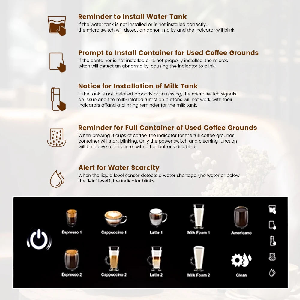 Mcilpoog AM7203 Automatic Espresso Machine ，Built-In Milk Frother & Tank, 7 Coffee Varieties, Touchscreen